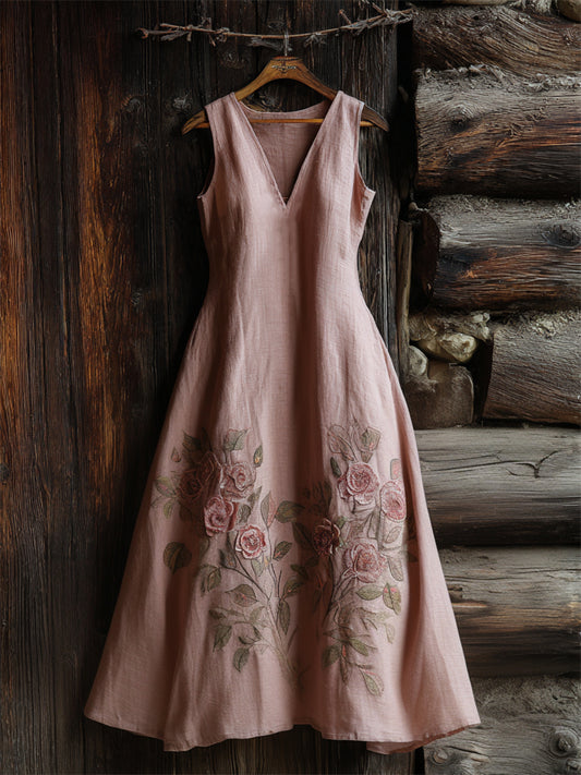 Classy Pink Roses Embroidered Linen Maxi Dress artswardrobe