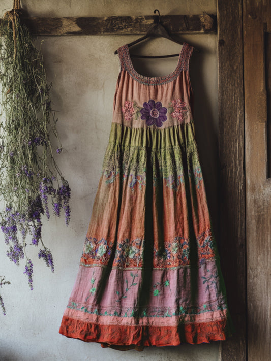 Vintage Bohemian Lavender Embroidery Patchwork Art Sleeveless  Cozy Linen Maxi Dress artswardrobe
