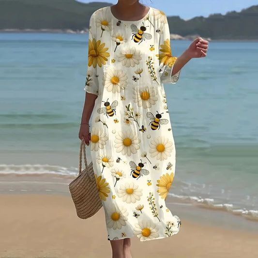 Women's Daisy Bee Print Linen Blend Midi Dress artswardrobe