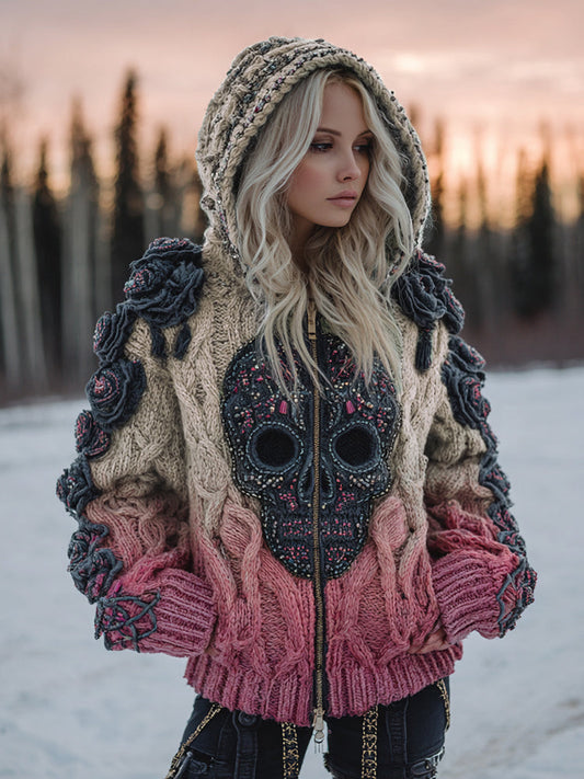 Women's Vintage Celtic Skull Gradient Art Cozy Knitted Hooded Cardigan elevenforest