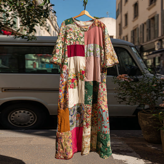 Countryside Style Collection Classy Patchwork Sunflower And Floral Pattern Art Linen Maxi Dress artswardrobe