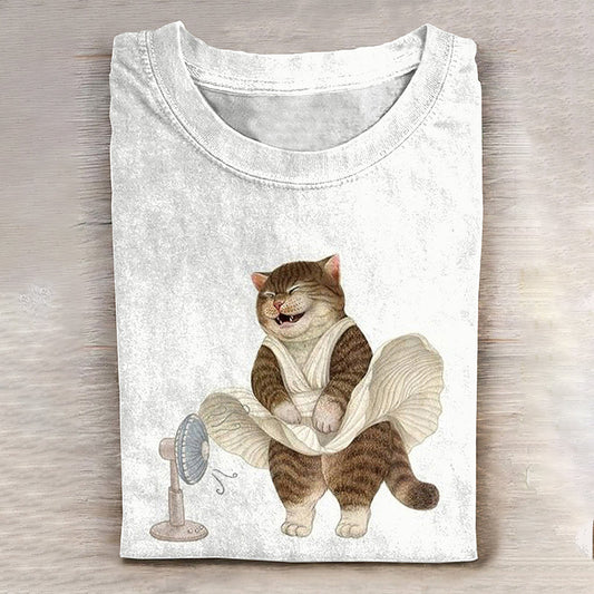 Funny Cat Print Crew Neck Short Sleeve T-Shirt elevenforest