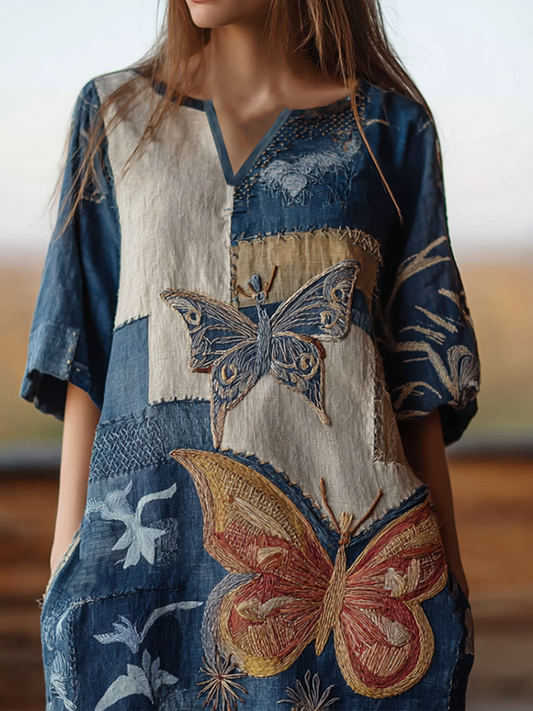 Comstylish Japanese Art Style Butterfly And Plant Flower Pattern Embroidery Women's Cotton And Linen Dress.