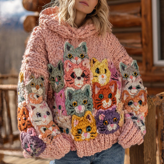 Comstylish Women's Colorful Cats Pattern Cozy Chunky Knit Hooded Sweater