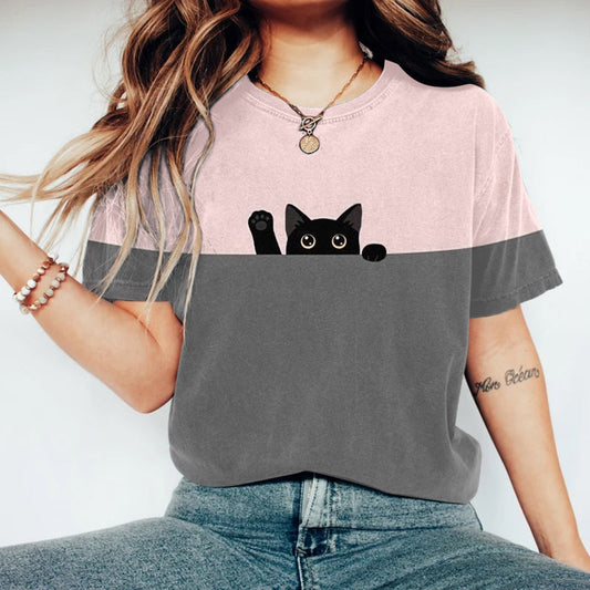 Women's Cute Black Cat Art Print T-shirt elevenforest