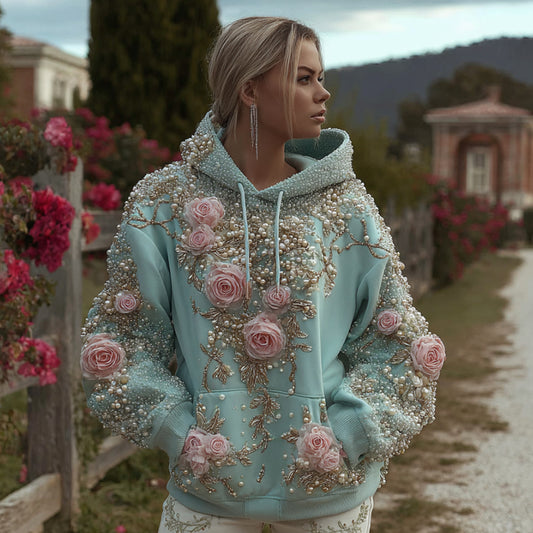 Comstylish Bohemian Pink Pearl Embroidered Flower Light Blue Hoodie