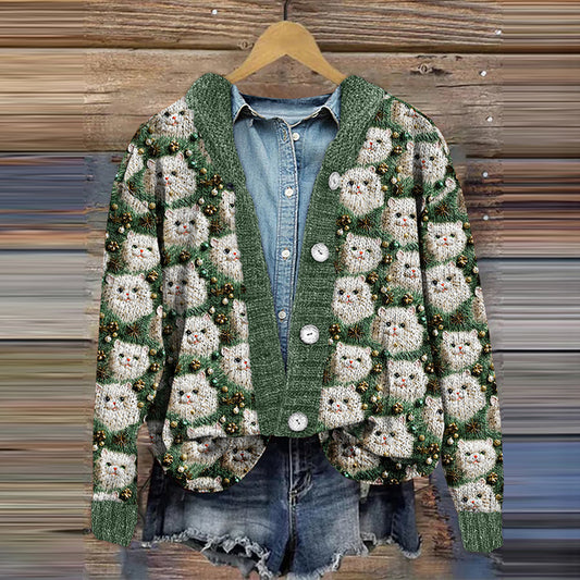 Comstylish Christmas Tree Cat Print Long Sleeve Knitted Cardigan