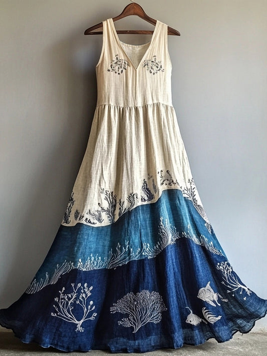 Vintage Ocean Inspired V Neck Flowy Linen Maxi Dress artswardrobe