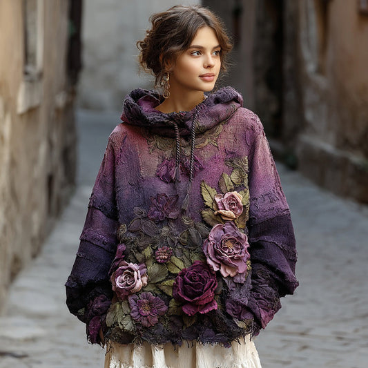 Women's Vintage Rose Floral Knitted Warm Hoodie artswardrobe