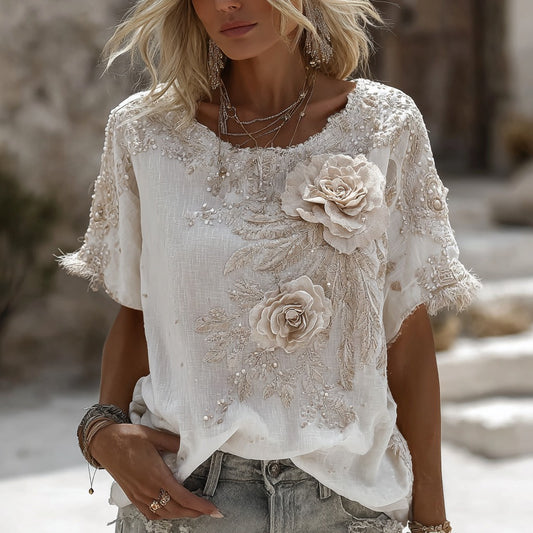 Vintage Rose Embroidery Art Round Neck Short Sleeve Linen Blend T-shirt artswardrobe