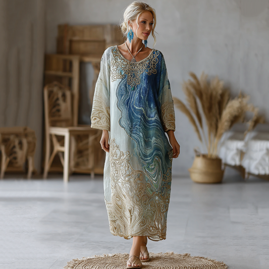 Vintage Marble Texture Collection Retro Bohemia Women Style Gradient Gilded Pattern Linen Long Dress artswardrobe