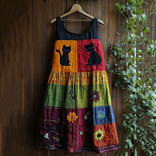 Vintage Black Cat Peeking With Floral Patchwork Art Linen Tank Dress artswardrobe