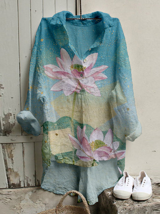 Comstylish Vintage Lotus Flower Art Linen Blend High Low Tunic