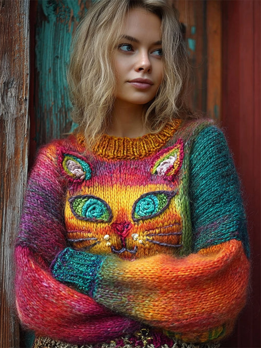 Comstylish Lovely Cat Face Gradient Colorblock Cozy Chunky Sweater