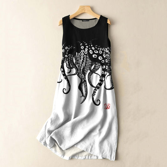 Comstylish Vintage Japanese Art Octopus Legs Print Sleeveless Cotton And Linen Midi Dress