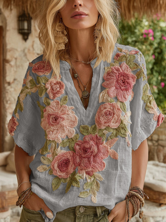 Women's Vintage Floral Art V Neck Linen Short Sleeve T-shirt artswardrobe