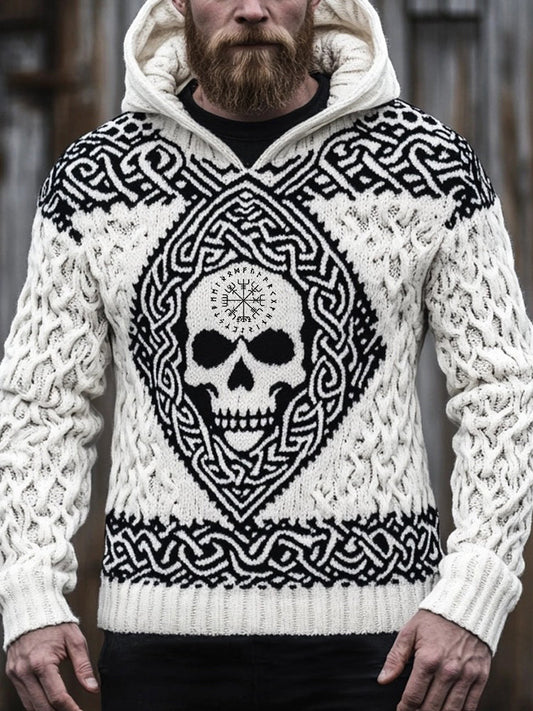Men's Viking Skull Inspired Jacquard Comfy Hooded Sweater elevenforest