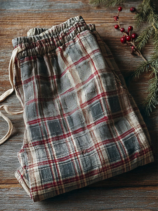 Men's Christmas Vintage Classic Plaid Drawstring Linen Pants artswardrobe