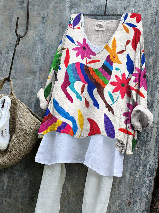 Comstylish Mexican Folk Art Otomi Flowers Embroidered Linen Blend Tunic