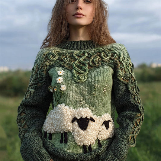 Vintage Fuzzy Sheep Floral Celtic Cozy Knit Sweater artswardrobe