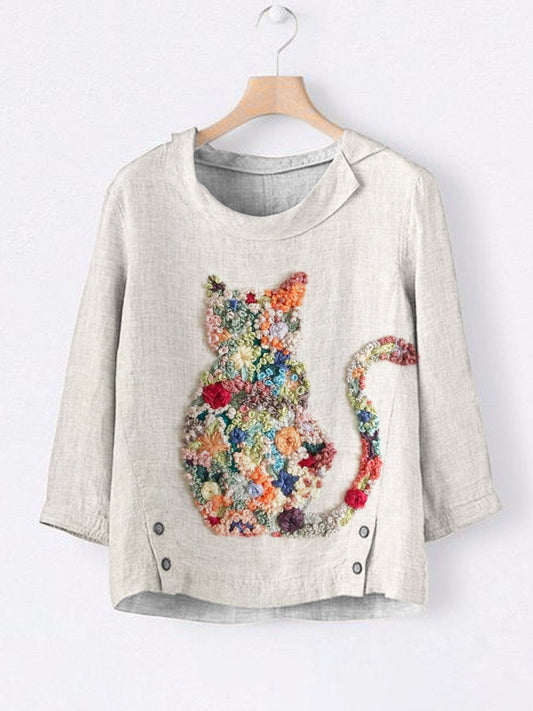 Cat & Floral Embroidery Linen Collar Shirt elevenforest