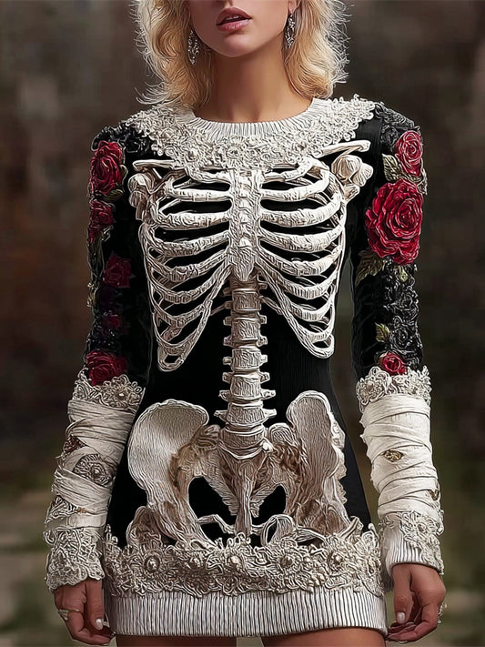 Comstylish Halloween Skeleton & Floral Bandage Art Women's Crew Neck Knit Mini Dress