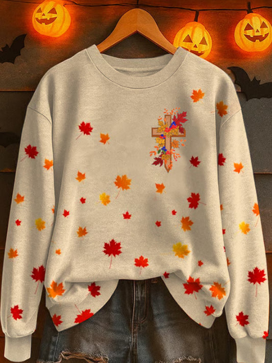 Women's Autumn Maple Leaf Faith Print Crew Neck Sweatshirt artswardrobe