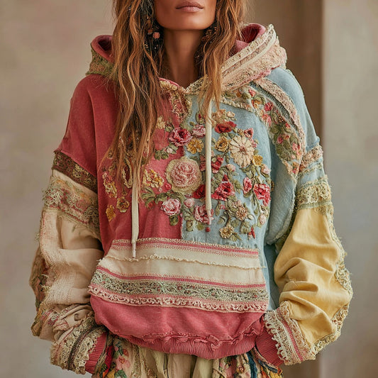 Comstylish Women's Retro Floral Stitching Contrast Color Warm Hoodie