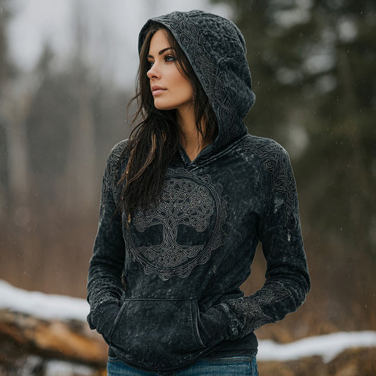 Comstylish Women's Viking Celtic Tree Of Life Pattern Distressed Hoodie