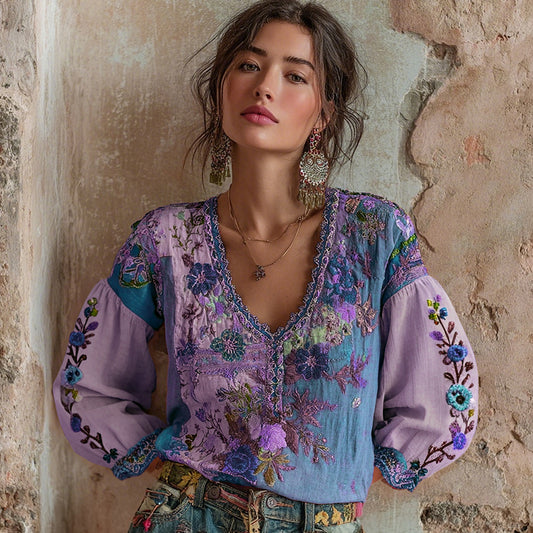 Comstylish Women's Bohemian Floral Embroidery Art V-neck Contrast Color Long Sleeve Linen Blend T-shirt