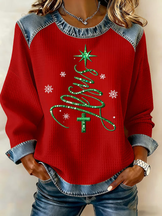 Comstylish Women's Casual Christmas Waffle Patchwork Denim Sweatshirt