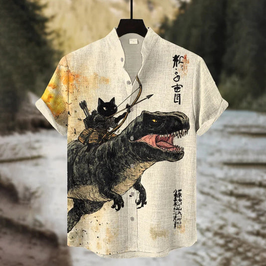 Men's Black Cat Riding A Dinosaur Art Print Casual Shirt elevenforest