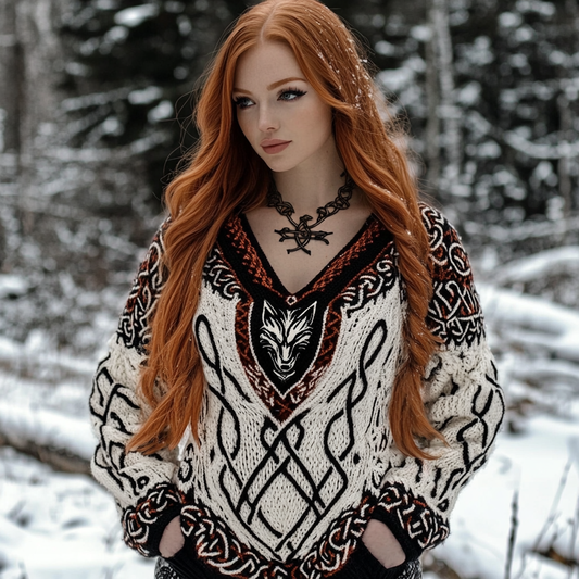 Women's Viking Wolf Jacquard Celtic Style Knit V-neck Sweater elevenforest