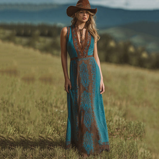 Western Paisley Print V-neck Sleeveless Maxi Dress artswardrobe