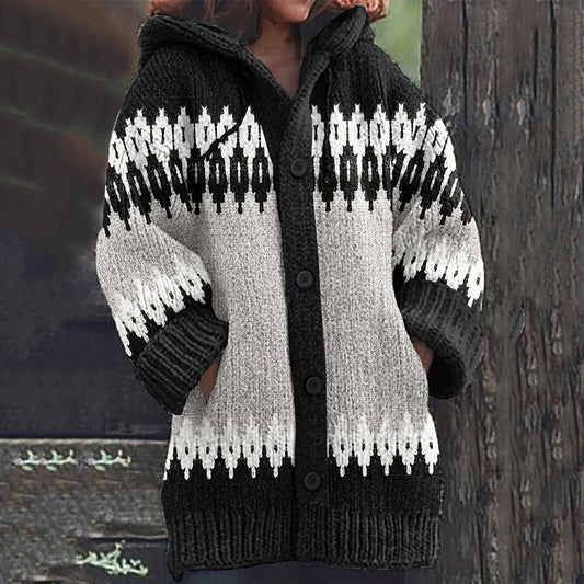 Vintage Contrast Jacquard Color Block Button Down Cozy Sweater elevenforest