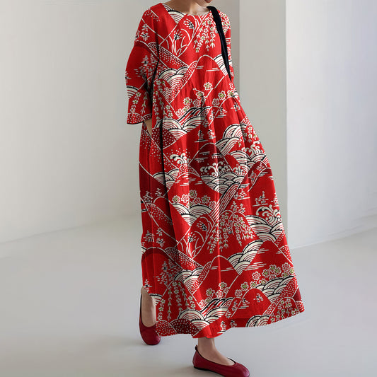 Comstylish Japanese Art Print Casual Midi Dress