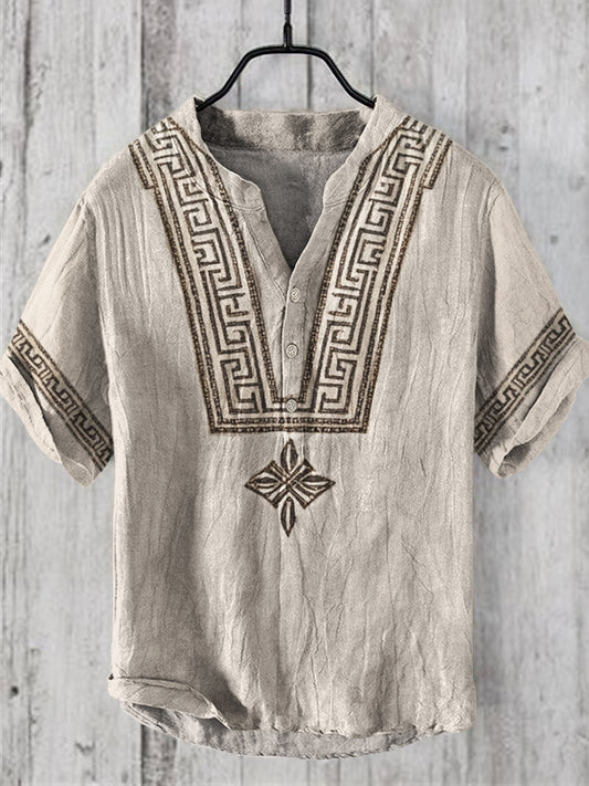 Vintage Greek Pattern Men's V-neck Linen Shirt artswardrobe
