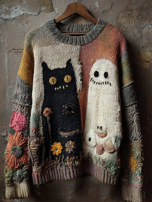 Comstylish Halloween Ghost & Black Cat Floral Colorblock Cozy Knit Sweater