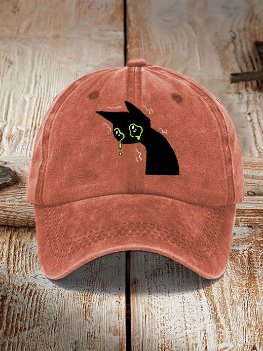 Japanese Art Black Cat Print Washed Hat elevenforest