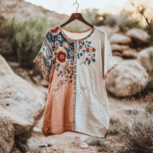Women's Vintage Tribal Floral Stitching Cotton And Linen Shirt artswardrobe