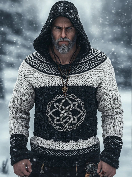 Men's Viking Celtic Knot Jacquard Cozy Knit Hooded Sweater elevenforest