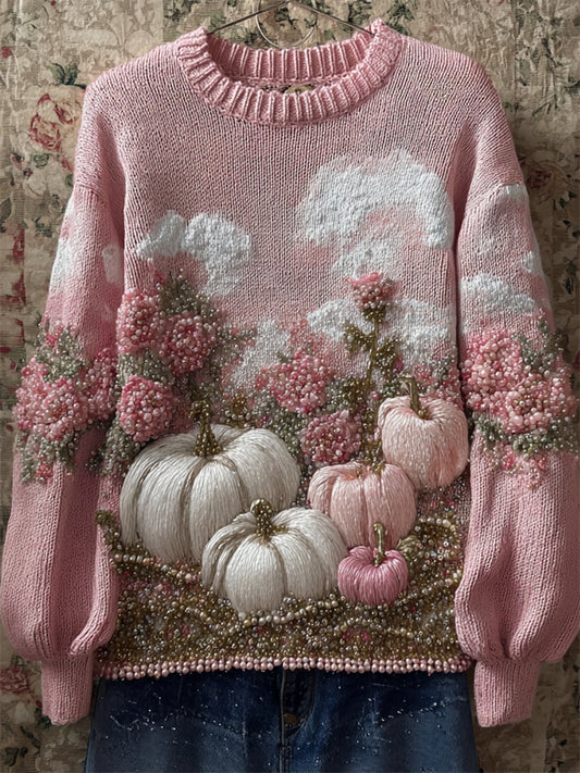 Thanksgiving Pumpkins Pink Floral Beaded Cozy Knit Sweater artswardrobe