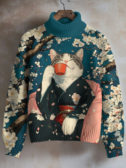 Women's Cat Drinking Tea Under The Cherry Tree Japanese Art Print High Neck Knit Sweatshirt elevenforest