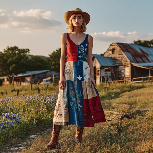 Women's Vintage Western Texas Flag Patchwork Bluebonnets Embroidered Print V-neck Tank Midi Dress artswardrobe