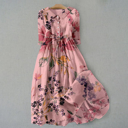 Comstylish Elegant Japanese Art Floral Print Lace-up Casual Midi Dress