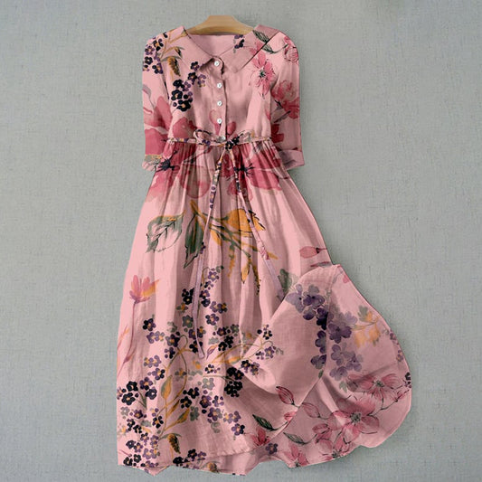 Comstylish Elegant Japanese Art Floral Print Lace-up Casual Midi Dress