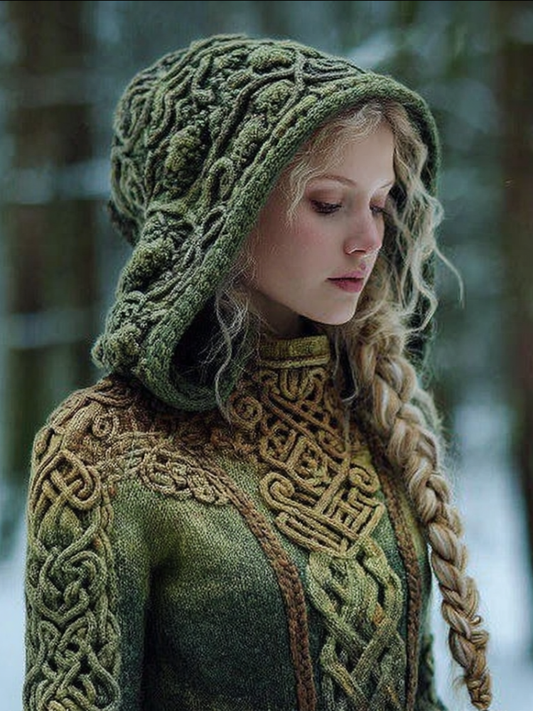 Women's Hooded Thick Sweater With Viking Style Tribal Totem elevenforest
