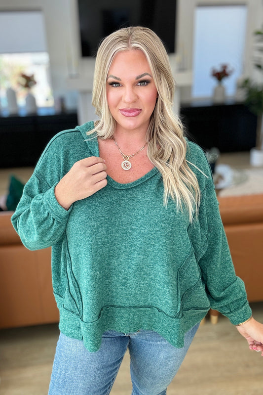 Anya® | Leave It To Chance hooded scoop neck sweater in dark green
