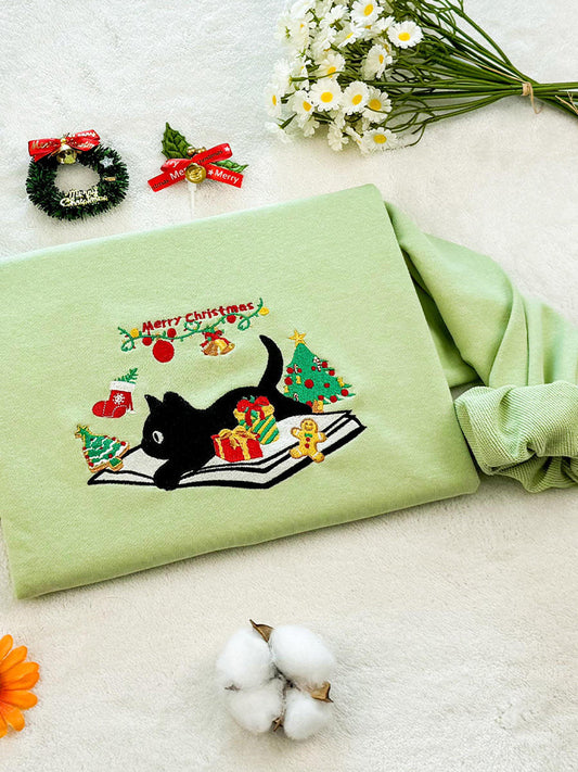Christmas Cat Embroidered Crewneck Sweatshirt elevenforest