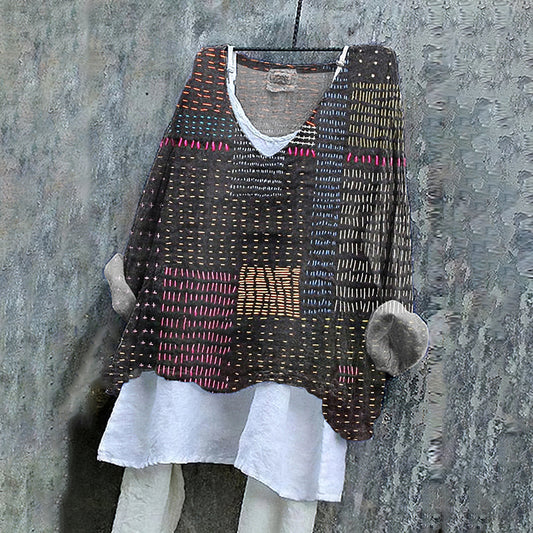 Women's Japanese Style Stitch Art Pattern Vintage Linen Shirt artswardrobe